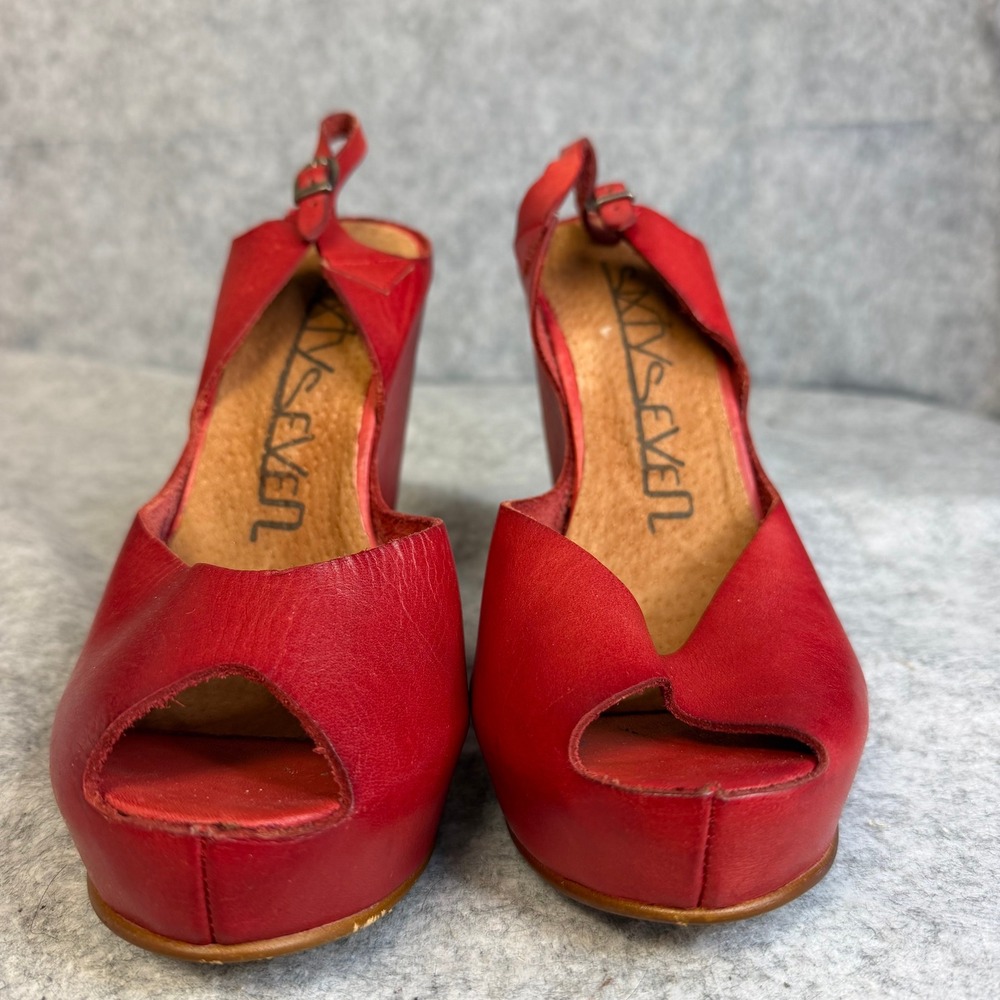 Sixtyseven Red Leather Peep Toe Platform Wedge Slingback Heels Size 8 Made Spain